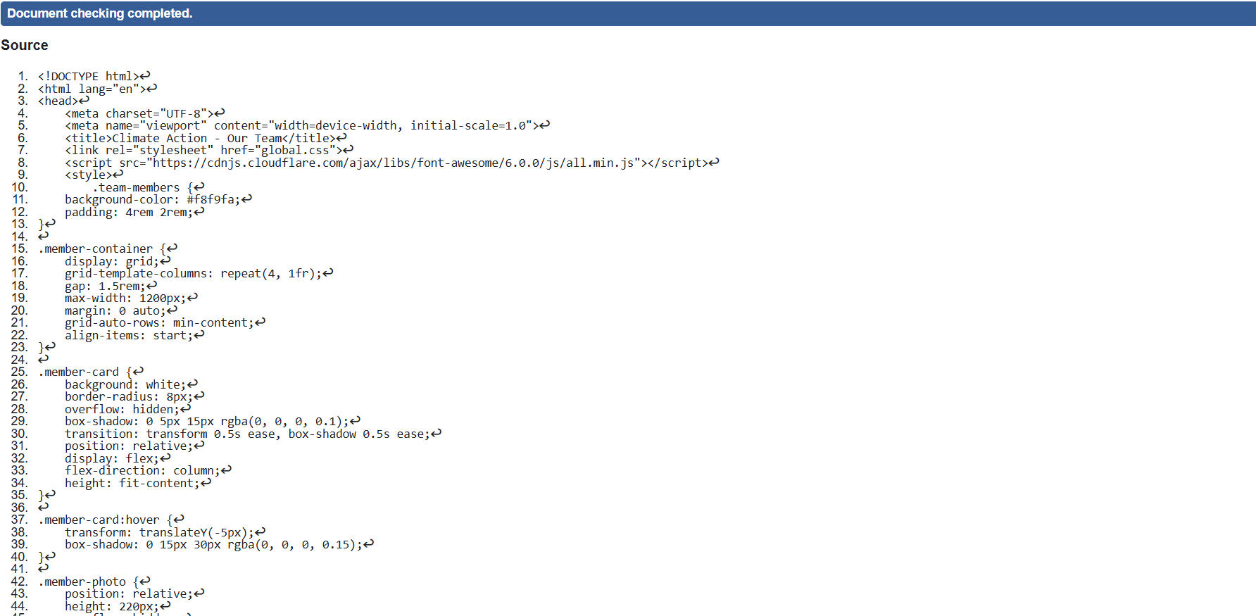 Team page validation screenshot