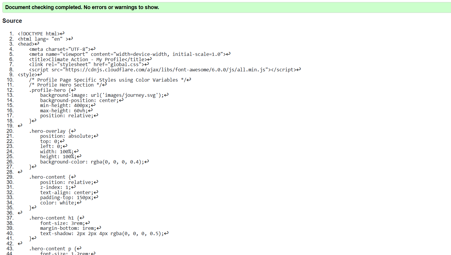 Profile Page validation screenshot